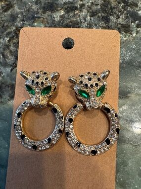 Gold-Tone Panther Hoop Earrings with Green Crystal Eyes